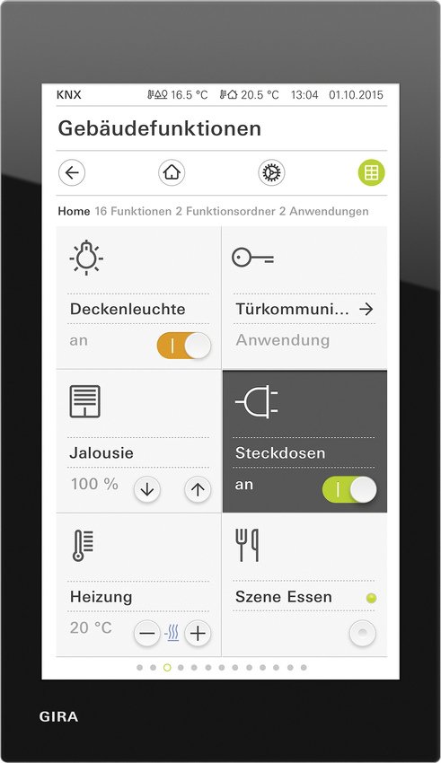 Wandbedienpanel mit der Übersicht der Gebäudefunktionen: Deckenleuchte, Jalousie, Heizung und eine Szene für das Essen